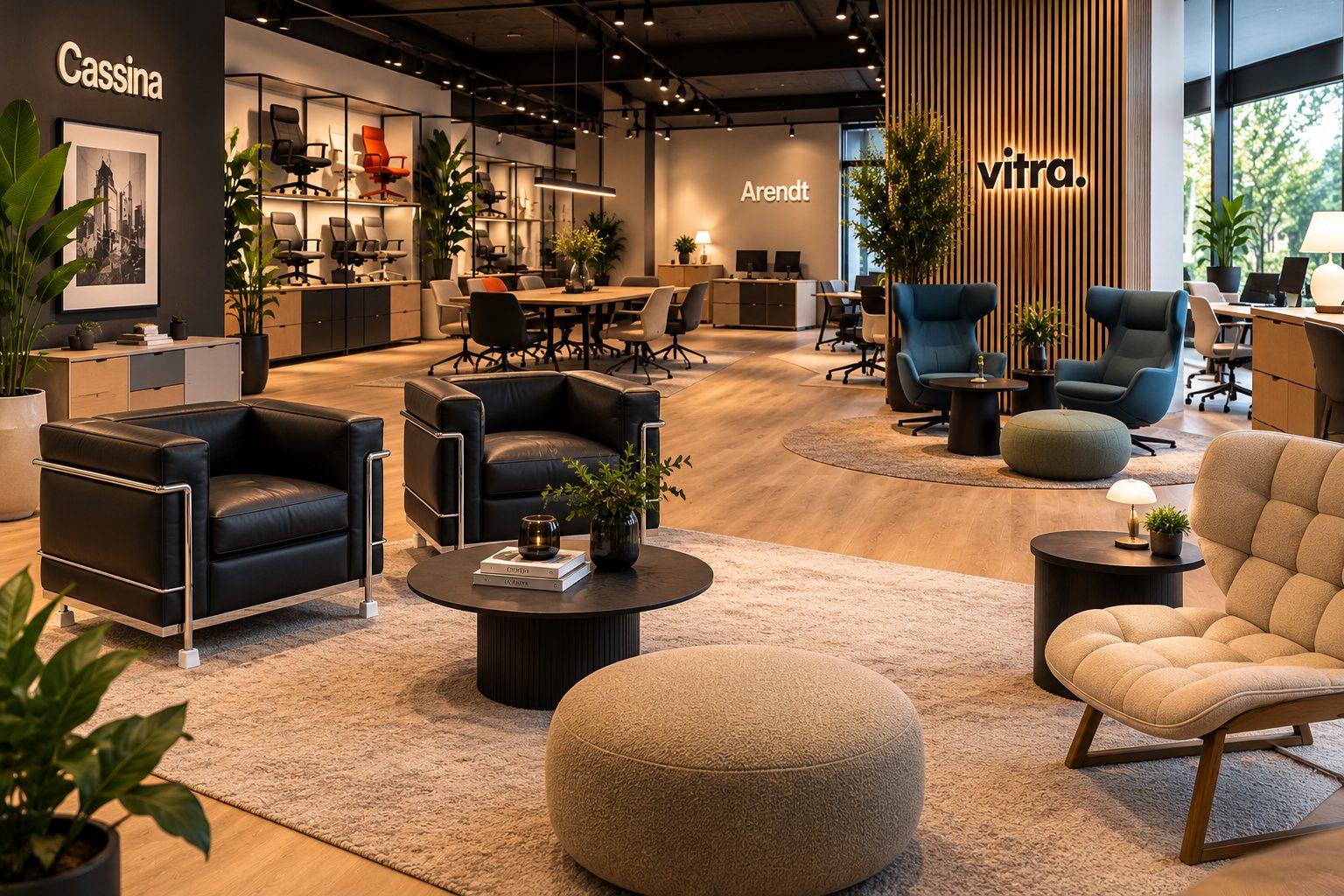 Showroom Designplek in Huizen met Cassina LC2 fauteuils en Vitra
